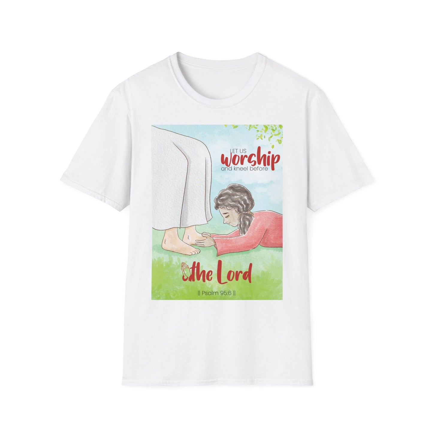 Let Us Worship and Kneel Before the Lord (White) Unisex Softstyle T-Shirt