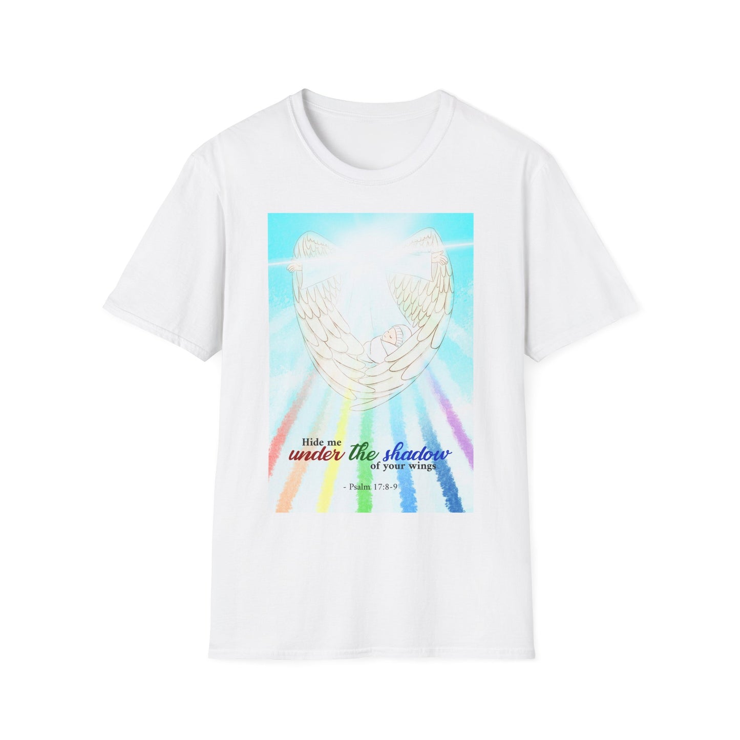 Hide Me Under The Shadow Of Your Wing (White) Unisex Softstyle T-Shirt