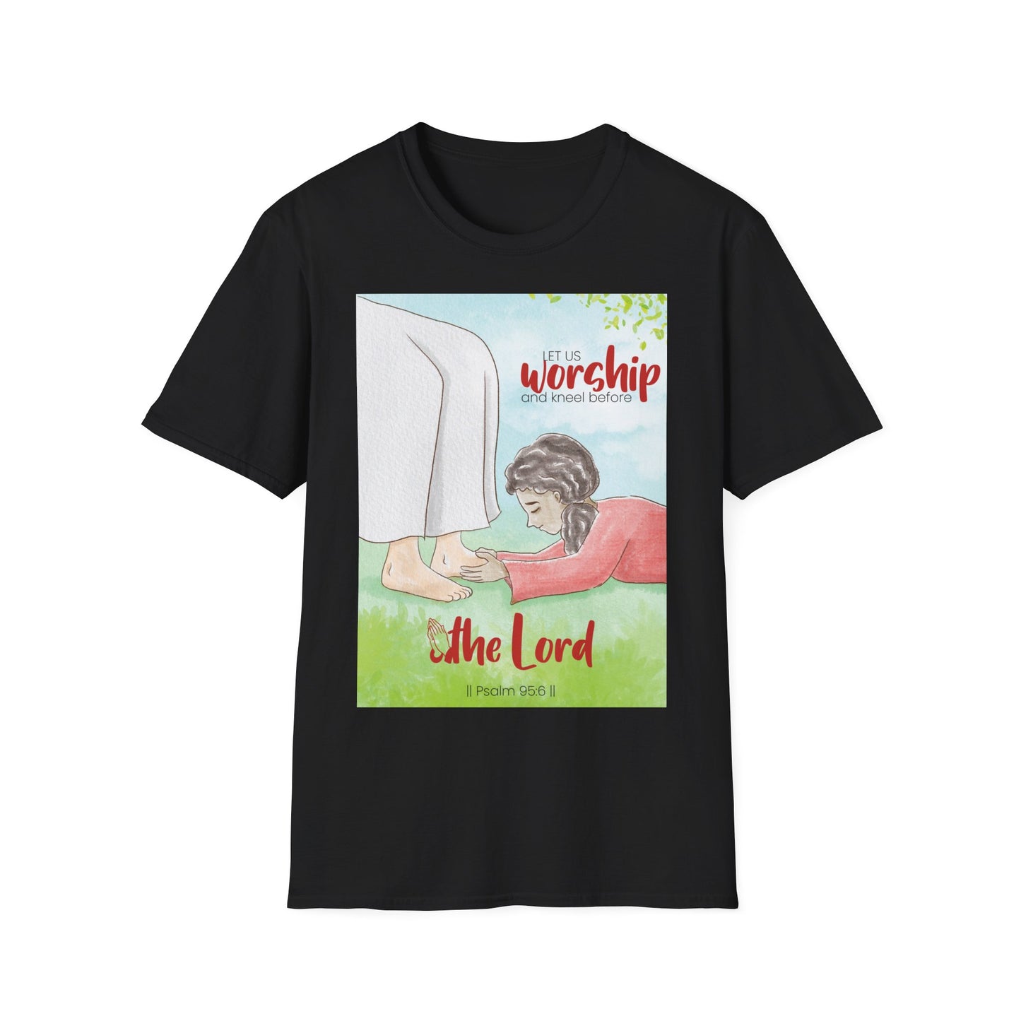 Let Us Worship and Kneel Before the Lord (black) Unisex Softstyle T-Shirt